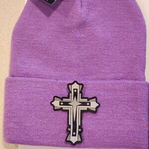 Cross Patched Knit Cuffed Beanie in Lavender